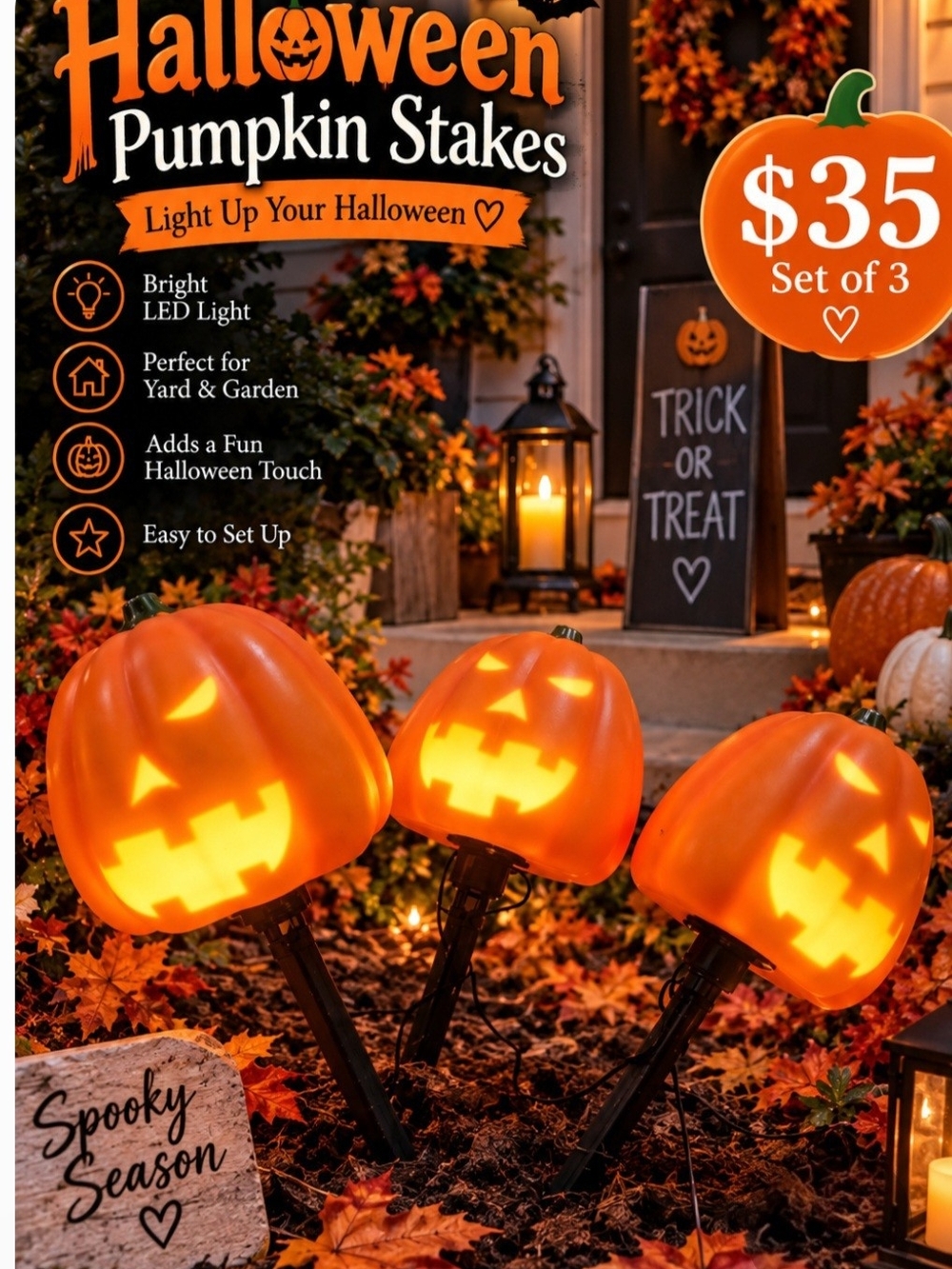 Halloween Light-Up Animated Pumpkin Stakes Set of 3 Orange & Black